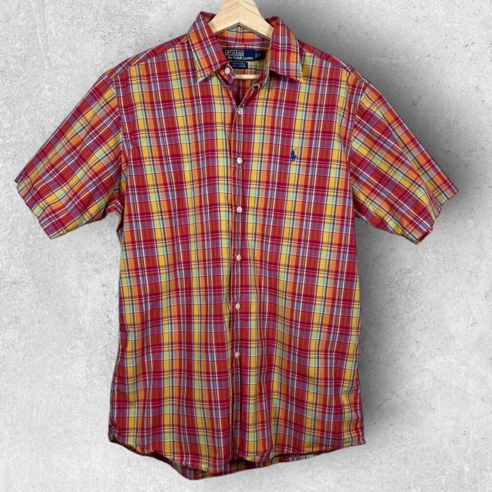 Vintage Polo Ralph Lauren Mens Madras Plaid Shirt Short Sleeve Preppy Size M